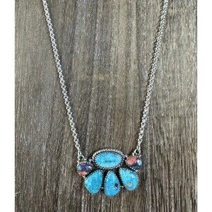 Native Southwest Sterling White Water Turquoise & Dahlia Cluster Necklace 18-20”